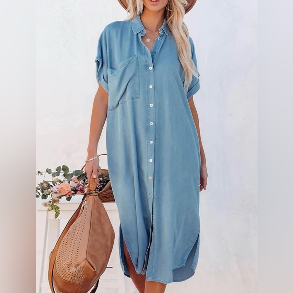 Cupshe Button Up Dress with Pockets, Blue, Size S